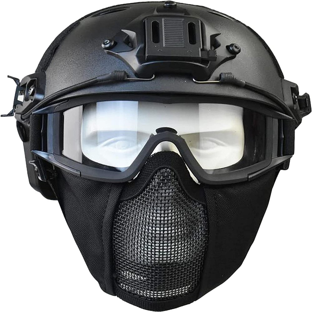 Aifordge PJ Tactical Fast Helmet & Protect Ear Foldable Double Straps Half Face Mesh Mask & Goggle for Airsoft Paintball CS Game Set