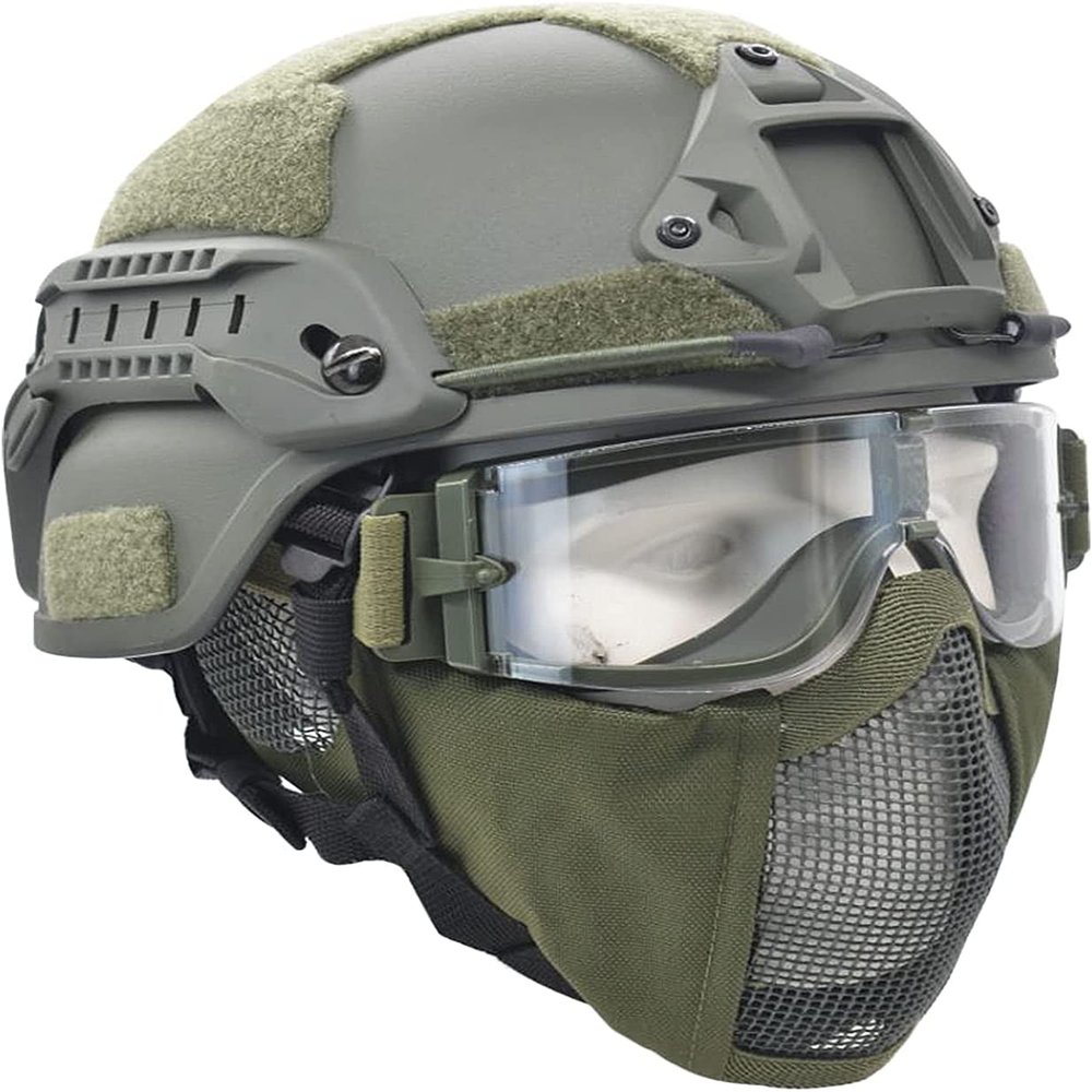 Aifordge PJ Tactical Fast Helmet & Protect Ear Foldable Double Straps Half Face Mesh Mask & Goggle for Airsoft Paintball CS Game Set