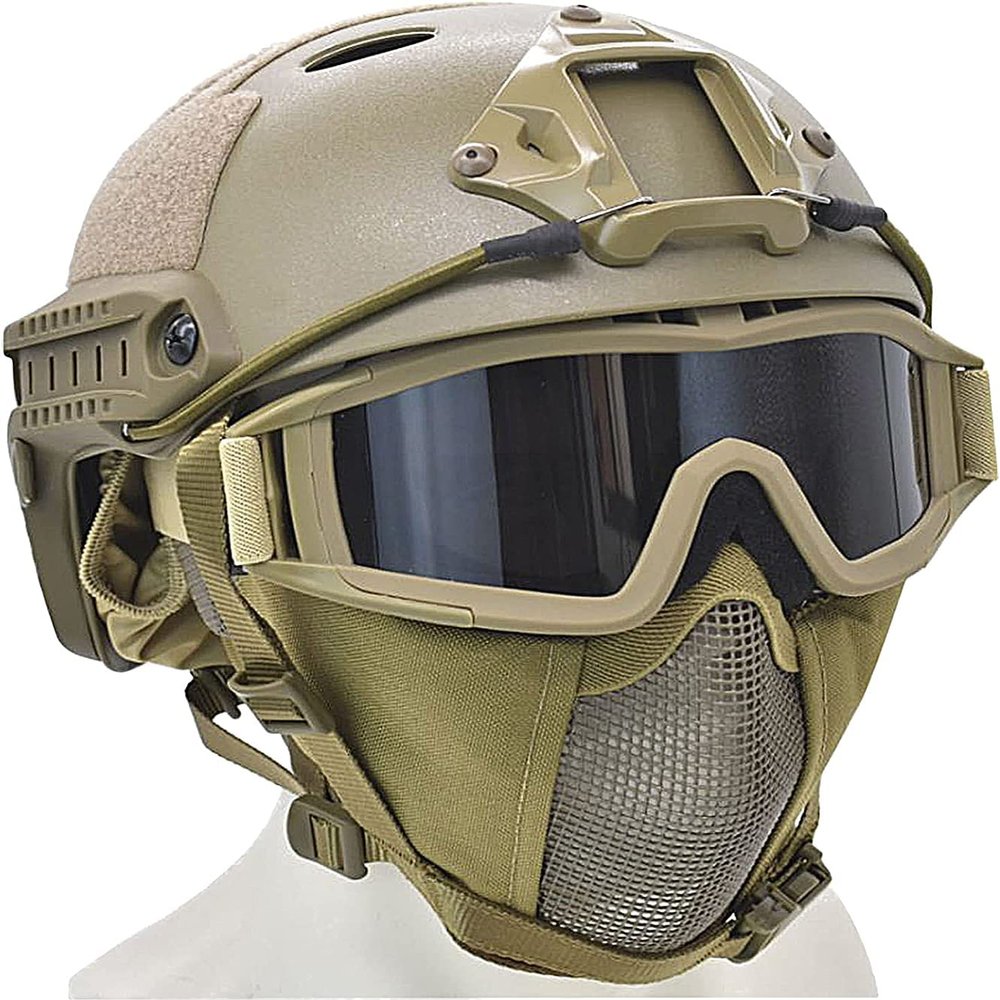 Aifordge PJ Tactical Fast Helmet & Protect Ear Foldable Double Straps Half Face Mesh Mask & Goggle for Airsoft Paintball CS Game Set
