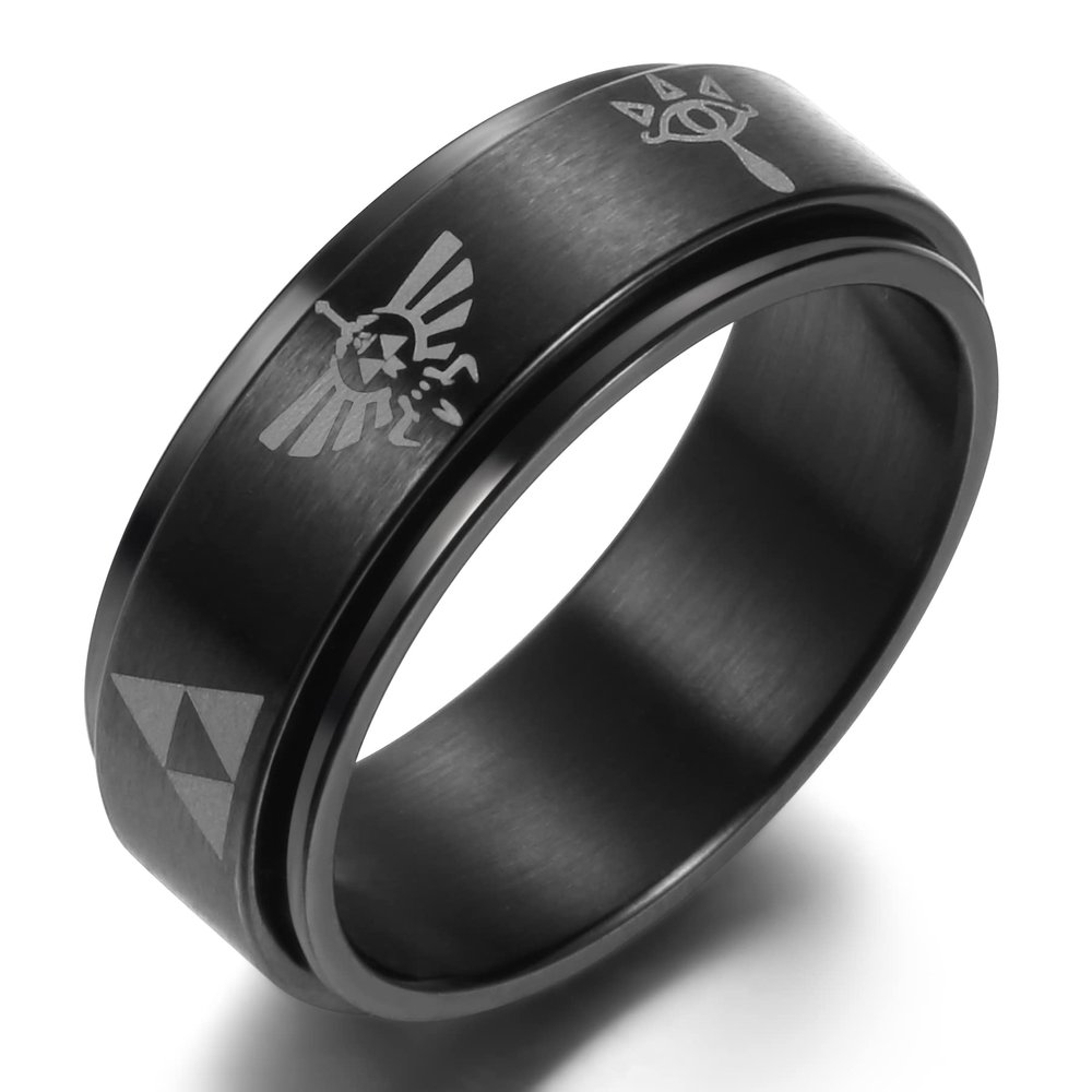 Adreamz 8mm Black Mens Spinner Pattern Triforce Stainless Steel Wedding Band Anxiety Relief Spinning Ring 14