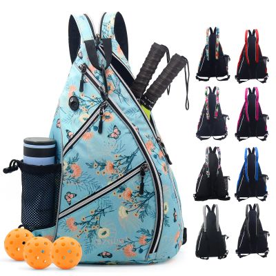 ZOEA Pickleball Sling Bag, Adjustable Pickleball Backpack with Fence Hook Water Bottle Holder, Fits 4 Paddles and All Your Other Gear (Flower Blue)