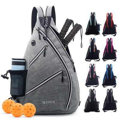 ZOEA Pickleball Bag, Sport Pickleball Sling Bag for Women Man, Adjustable Pickleball Backpack with Fence Hook Water Bottle Holder, Fits 4 Paddles and All Your Other Gear (White Grey)