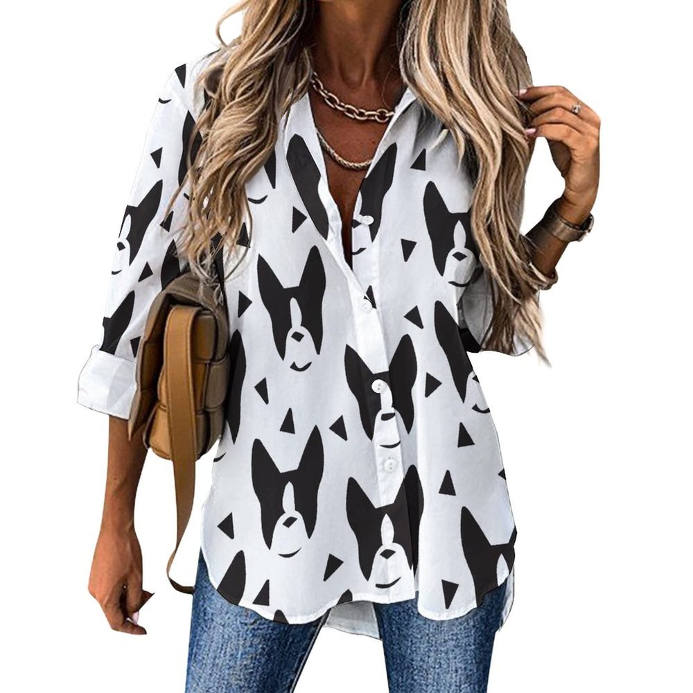 Boston Terriers Women's Shirts Long Sleeve Button Down Loose Blouses T-Shirt Tops XL