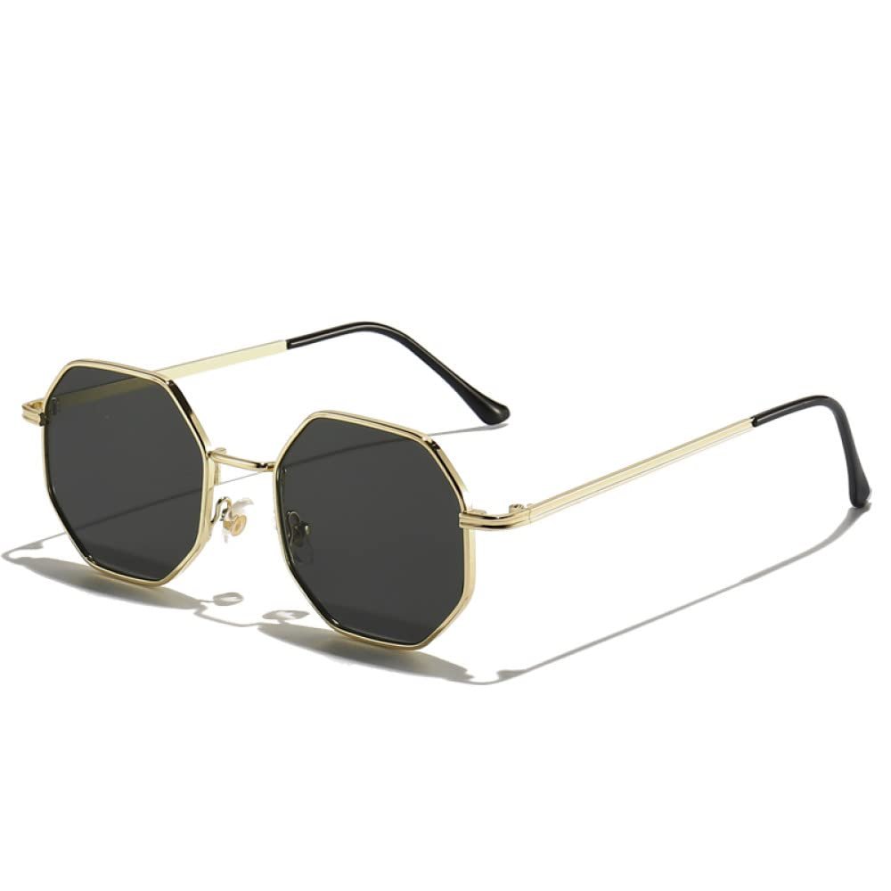 HCHES Polygon Sunglasses Men Vintage Octagon Metal Sunglasses Women Goggle Sun Glasses Men Gafas De Sol UV400,C01 Gold Black,One size