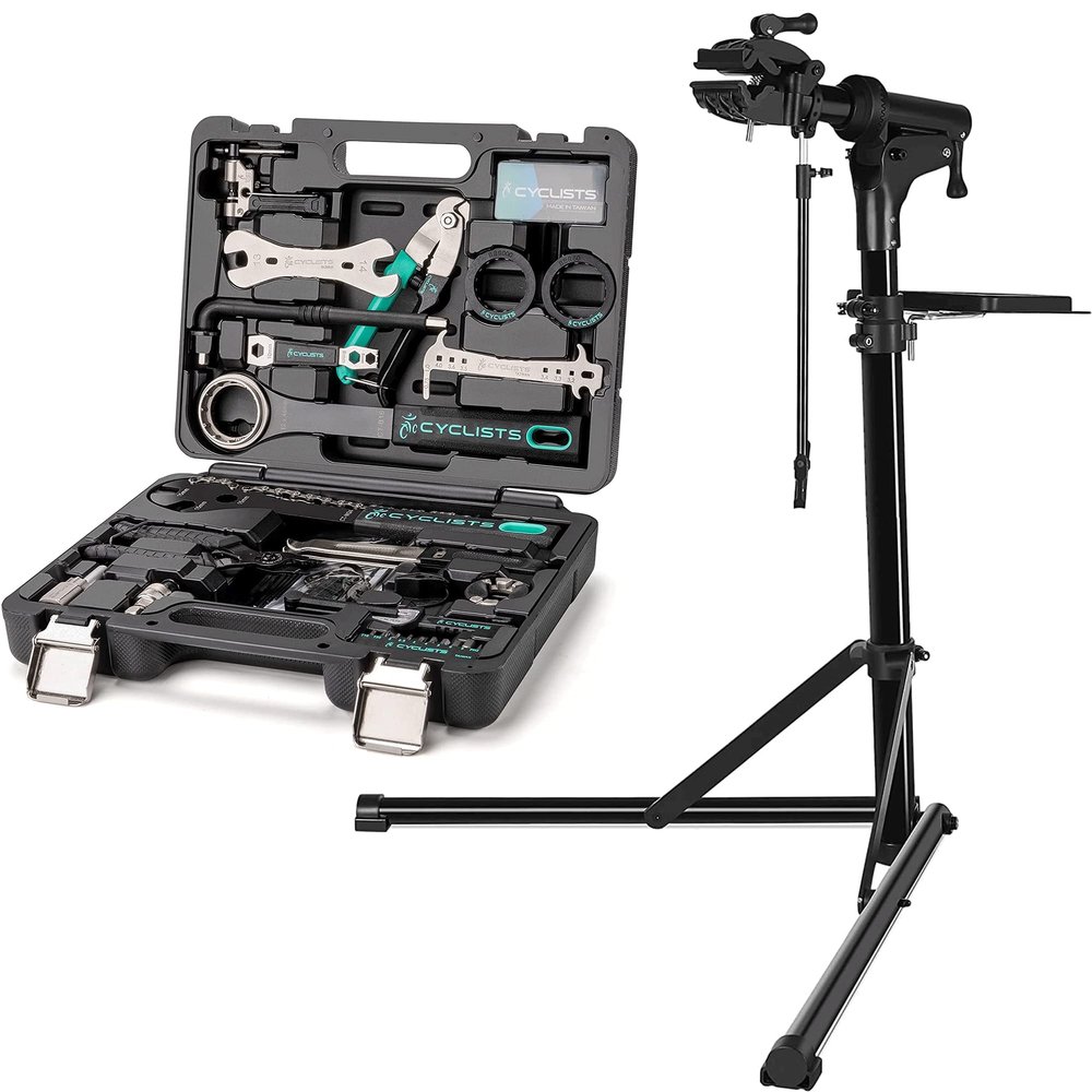 CXWXC Bicycle Repair Stand Height Adjustable + 27 Piece Bike Tool Kit Set