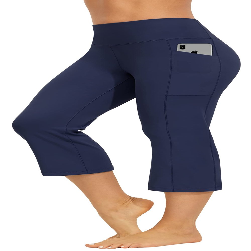 AFITNE Capri Pants for Women Bootcut Yoga Pants with Pockets High Waisted Flare Workout Bootleg Yoga Crop Flared Athletic Gym Pants Navy Blue - M