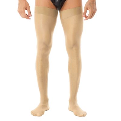 Zaldita Men's Sissy Thin Silk Shiny Oil Stocking Stretchy See-through Thigh High Socks Nightwear Nude One Size