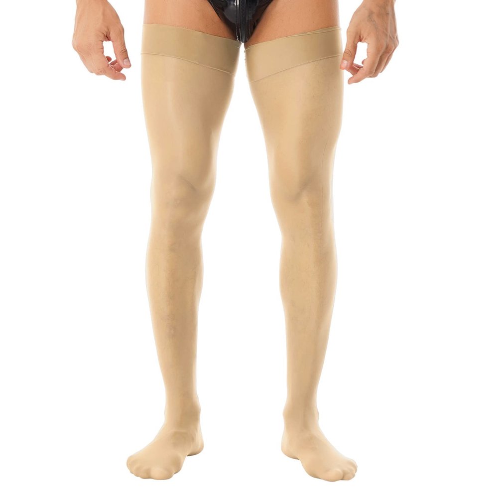 Zaldita Men's Sissy Thin Silk Shiny Oil Stocking Stretchy See-through Thigh High Socks Nightwear Nude One Size
