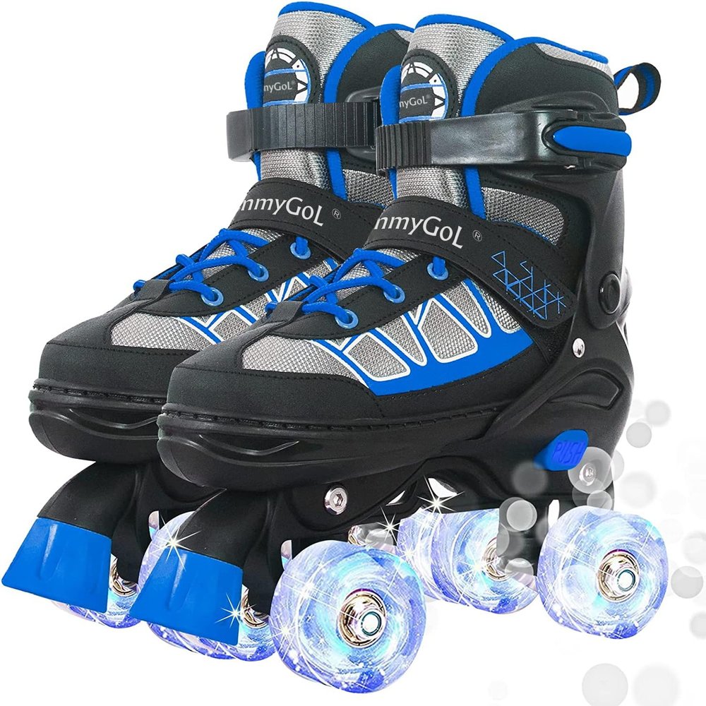 MammyGol Roller Skates for Kids Boys Girls, Adjustable Quad Skates with Light Up Wheels for Toddler Little Kids Ages 6-12 Size 9C 10C 12C, Beginners Outdoor Sports, Blue