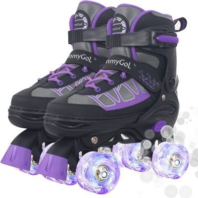MammyGol Roller Skates for Kids Boys Girls, Adjustable Quad Skates with Light Up Wheels for Toddler Little Kids Ages 6-12 Size 13C 1 2, Beginners Outdoor Sports, Purple