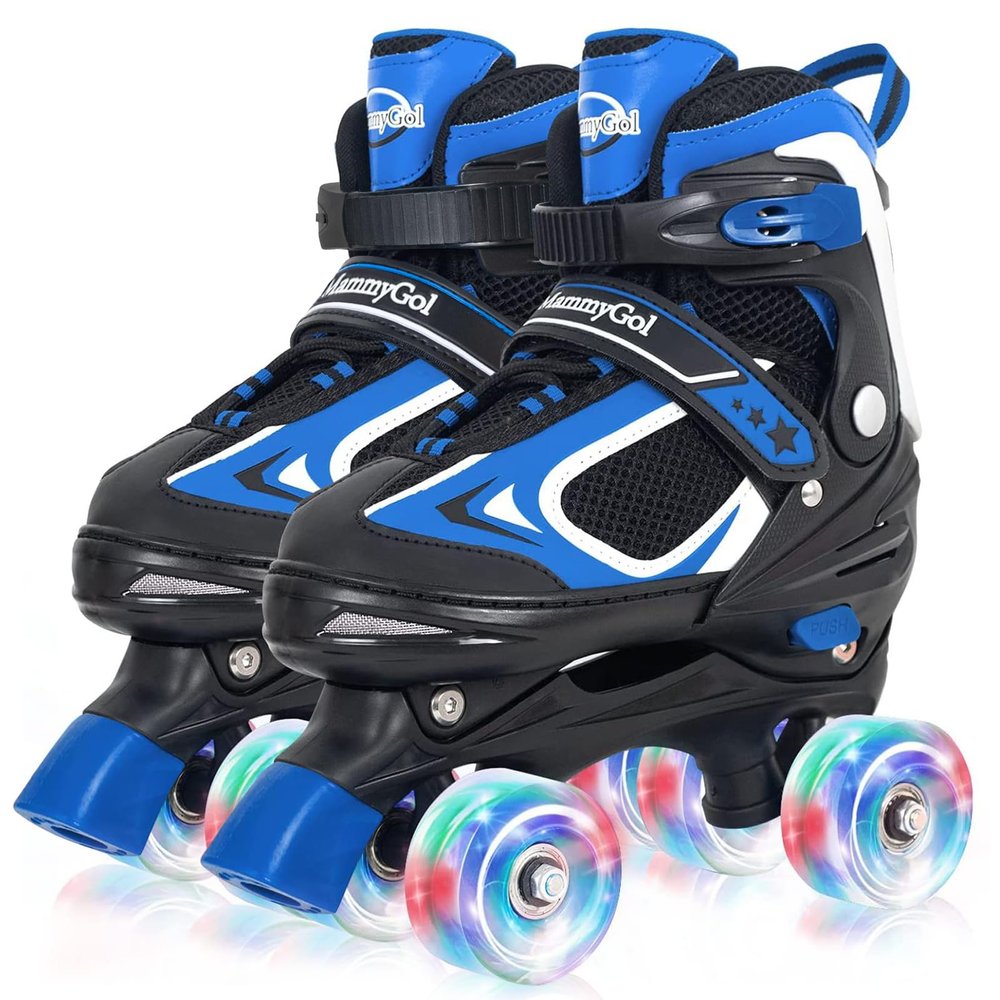 MammyGol Roller Skates for Boys Girls, 4 Sizes Adjustable Quad Skates for Kids with All Light up Wheels, Full Protection for Toddler's Indoor and Outdoor Play Blue Ages 8-12