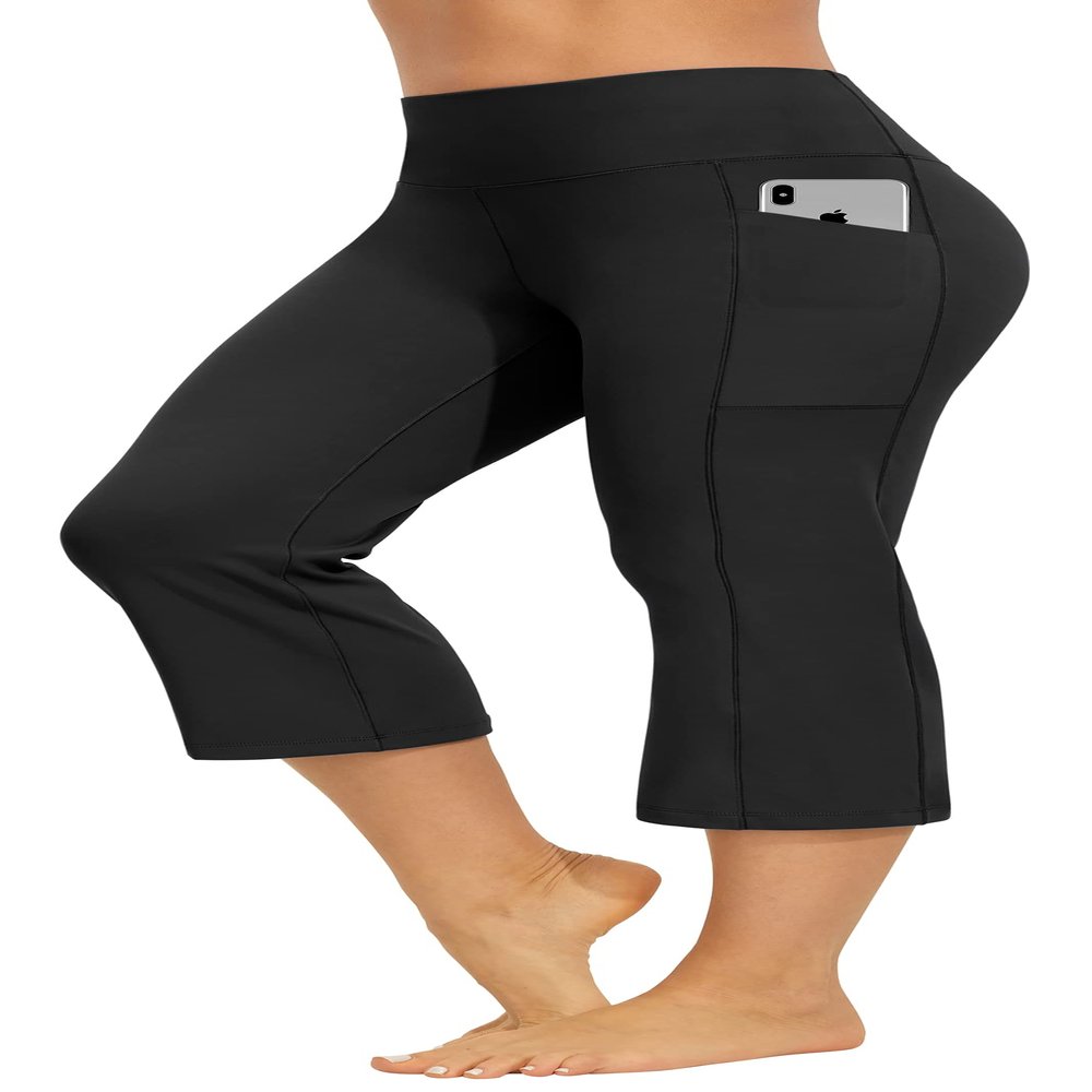 AFITNE Capri Pants for Women Bootcut Yoga Pants with Pockets High Waisted Flare Workout Bootleg Yoga Crop Flared Athletic Gym Pants Black - L