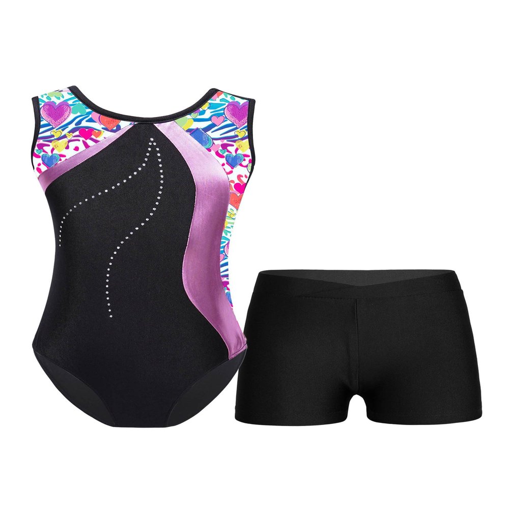 YEAHDOR Girls Dance Leotard Shiny Metallic Patchwork Gymnastic Leotard with Shorts Set 4-16Y Colorful Heart 3-4 Years