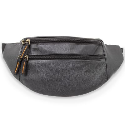 Black Genuine Leather Fanny Pack Large Multi Zippered Waist Bag Design Hip Purse