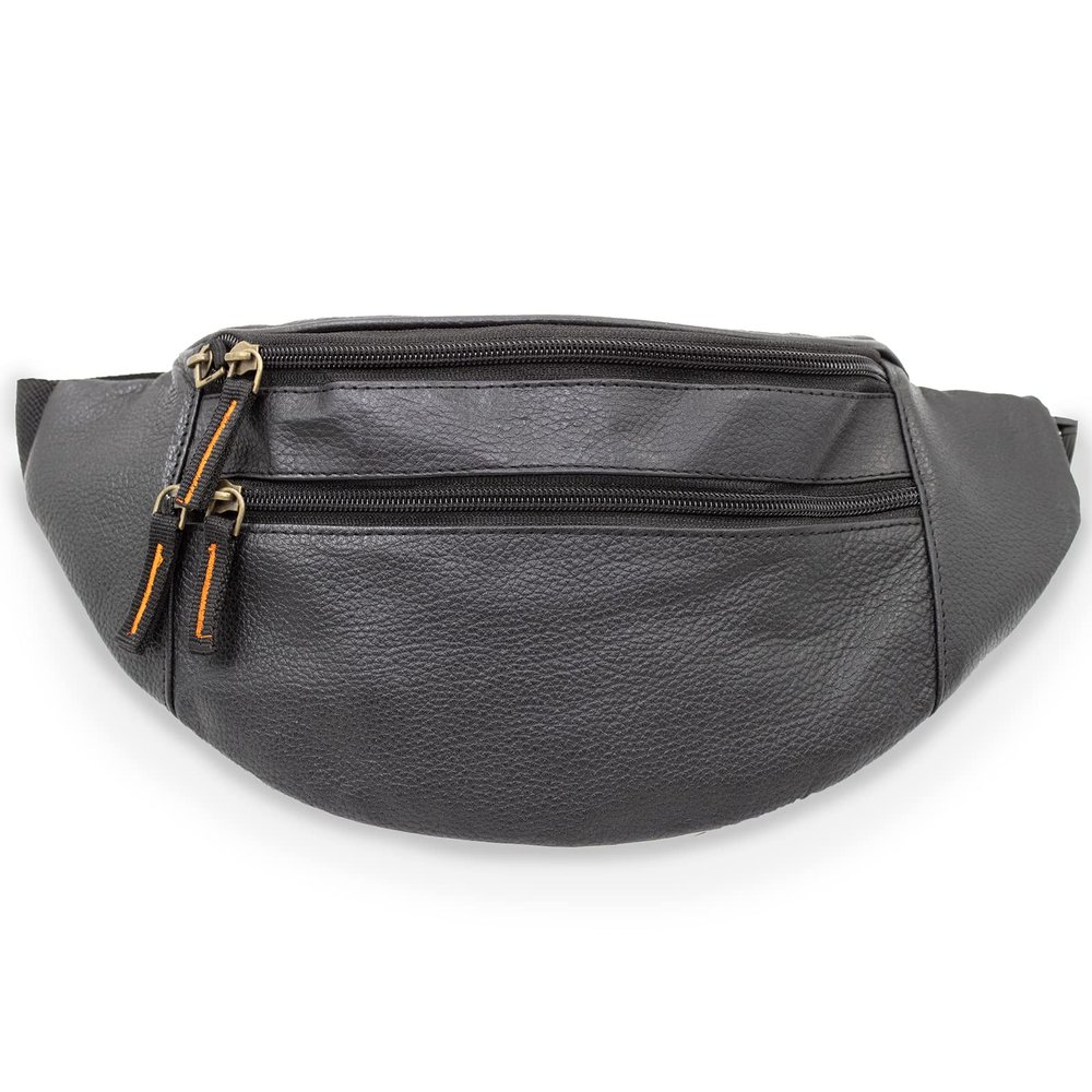 Black Genuine Leather Fanny Pack Large Multi Zippered Waist Bag Design Hip Purse