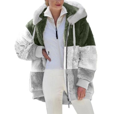 XUNRYAN Winter Coats Womens Fuzzy Faux-Fur Jackets Striped Zip Up Hoodies Long Sleeve Jacket Winter Fashion Colorblock Coats