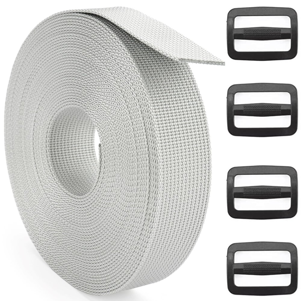DEYACE 2 Inch Nylon Webbing Strap with Plastic Tri-Glide Slide Clips, 10 25 50 Yards Heavy Duty Nylon Strapping for Indoor or Outdoor Gear, DIY Crafting, Repairing (Gray, 2" x 50 Yards)
