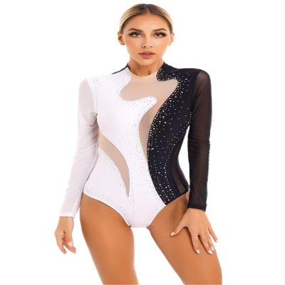 Aislor Women's Rhinestone Figure Skating Costume Sheer Mesh Long Sleeve Ballet Dance Gymnastics Leotard Black&White Small
