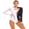 Aislor Women's Rhinestone Figure Skating Costume Sheer Mesh Long Sleeve Ballet Dance Gymnastics Leotard Black&White Small view 3