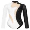 Aislor Women's Rhinestone Figure Skating Costume Sheer Mesh Long Sleeve Ballet Dance Gymnastics Leotard Black&White Small view 4