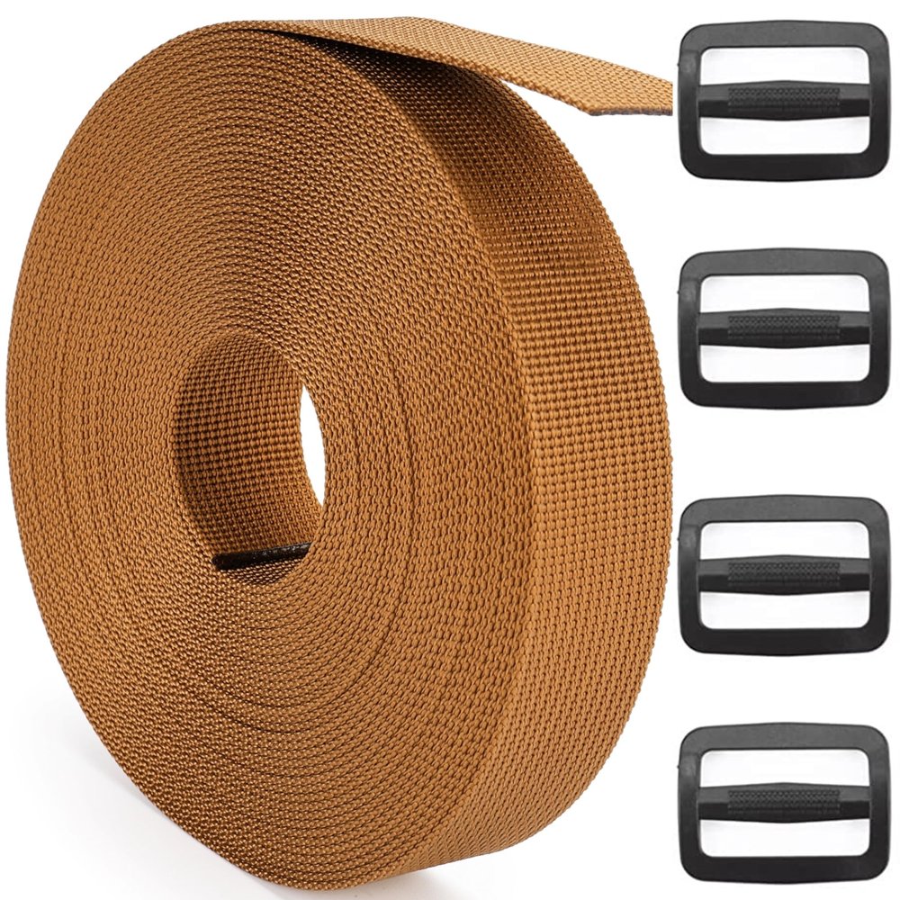 DEYACE 2 Inch Nylon Webbing Strap with Plastic Tri-Glide Slide Clips, 10 25 50 Yards Heavy Duty Nylon Strapping for Indoor or Outdoor Gear, DIY Crafting, Repairing (Brown, 2" x 50 Yards)