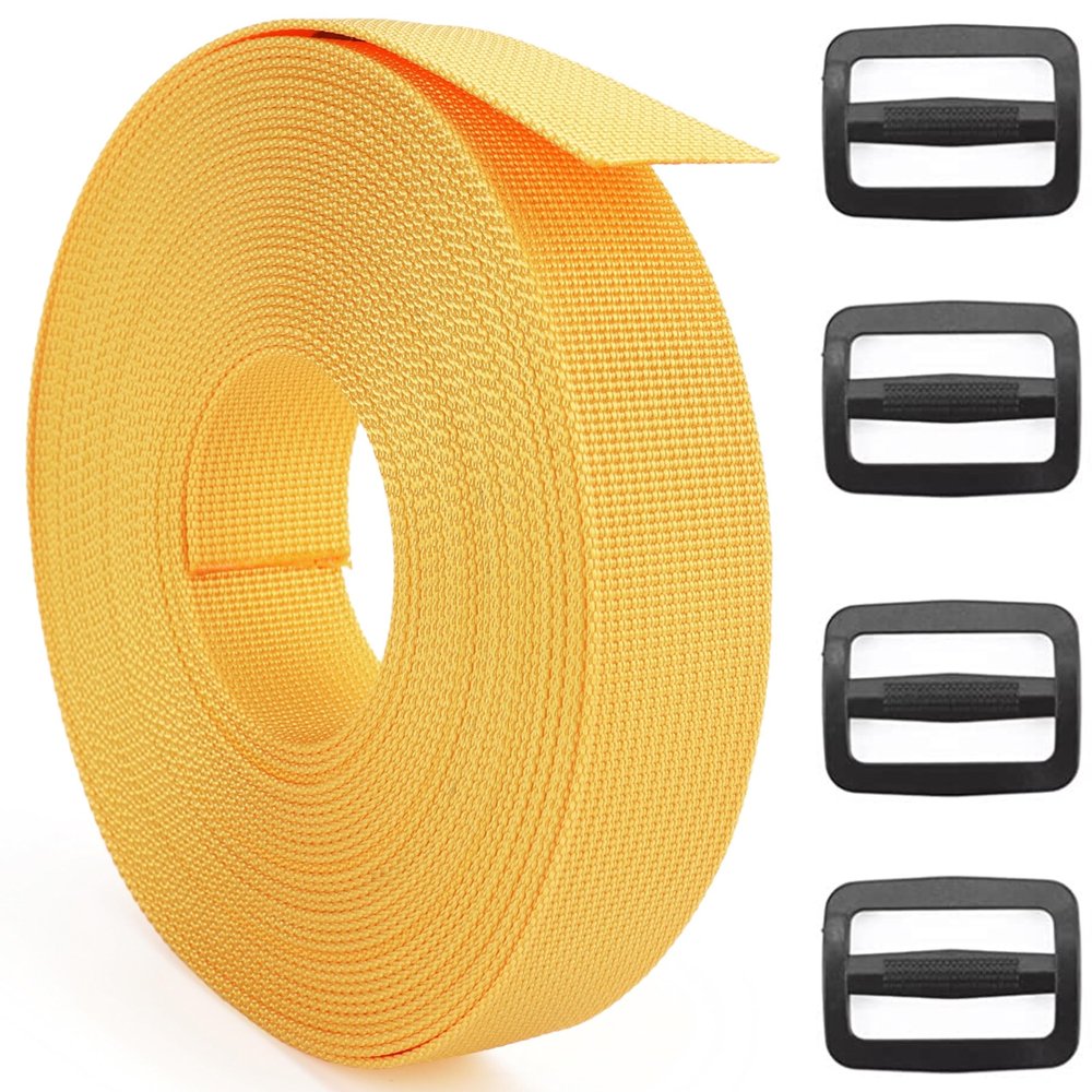 DEYACE 2 Inch Nylon Webbing Strap with Plastic Tri-Glide Slide Clips, 10 25 50 Yards Heavy Duty Nylon Strapping for Indoor or Outdoor Gear, DIY Crafting, Repairing (Yellow, 2" x 50 Yards)