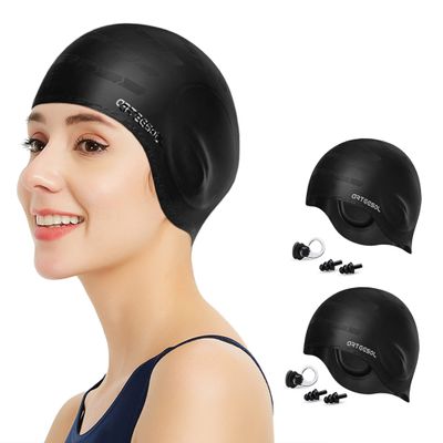Silicone 3D Ear Protection Swim Cap - Latex-Free Non-Slip Waterproof for Long Hair/Thin Braids, Chlorine Resistant Tear-Resistant for Competitive Swimming, Comes with Ear Plugs & Nose Clip