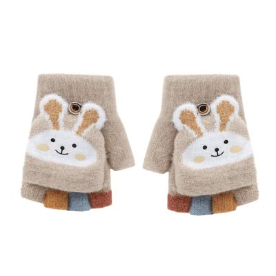 Ibluelover Kids Convertible Fingerless Gloves Cat Bunny Knit Flap Cover Mittens Half Finger Stretchy Mitten Glove for Girls Boys 8-10Y