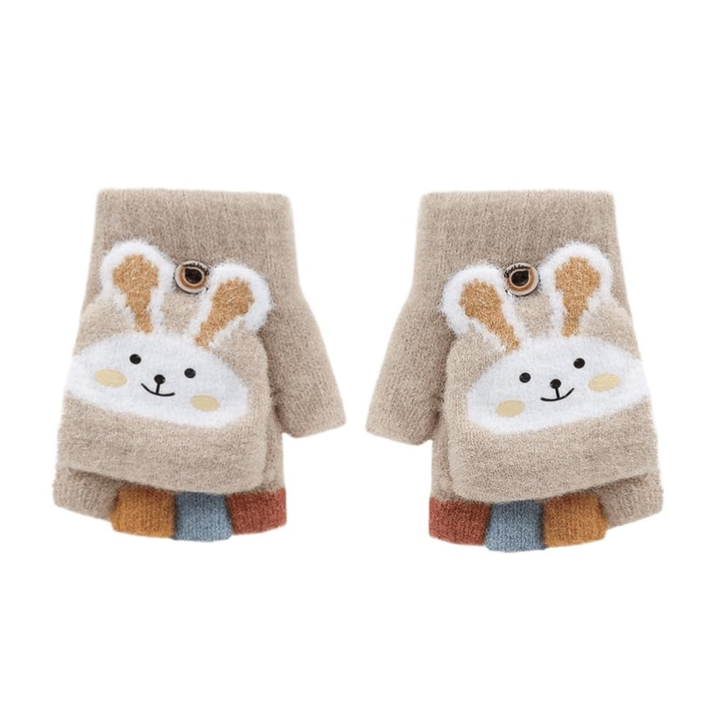 Ibluelover Kids Convertible Fingerless Gloves Cat Bunny Knit Flap Cover Mittens Half Finger Stretchy Mitten Glove for Girls Boys 8-10Y