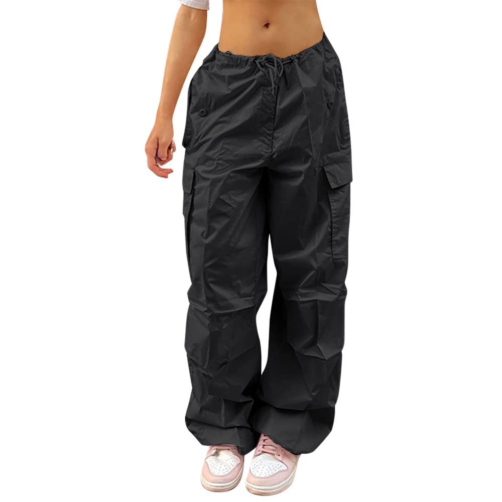 Black Parachute Pants for Women Baggy Pants Y2k Low Rise Sweatpants Cargo Pants Straight Leg Trousers Oversized E-Girl Streetwear Boyfriend Style Joggers Hippie Grunge Pants Black M