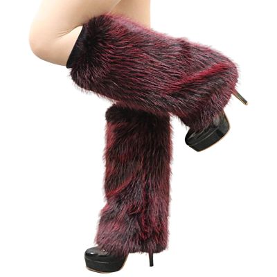 Altsuceser Plush Fuzzy Faux Fur Leg Warmers for Women, Long Boots Shoes Cuff Cover Knee-Length Hipster Warm Sock Wine Red 25cm