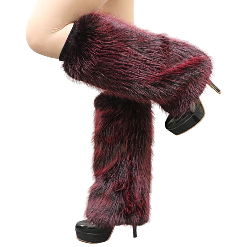 Altsuceser Plush Fuzzy Faux Fur Leg Warmers for Women, Long Boots Shoes Cuff Cover Knee-Length Hipster Warm Sock Wine Red 25cm