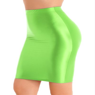 Vxuxlje Womens 70D Glossy High Waist Pencil Skirts Stretchy Bodycon Skirts Mini Short Dress Fluorescent Green X-Large