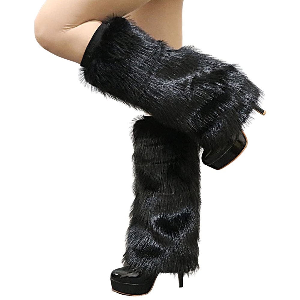 Altsuceser Plush Fuzzy Faux Fur Leg Warmers for Women, Long Boots Shoes Cuff Cover Knee-Length Hipster Warm Sock Black 30cm