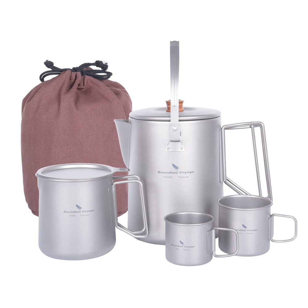 Boundless Voyage Titanium Camping Coffee Pot 1500ml Barista Kettle for Making Coffee, Boiling Water - Outdoor Traveling Campfire Stovetop Fast Brew (Kettle+3 Cups Set)