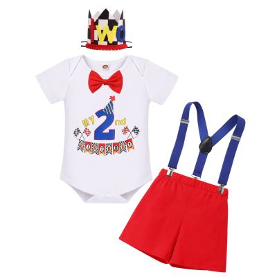2nd birthday Decorations for Boys, 2 Year Old Racing Car Theme Sign Party Supplies, Second Birthday Race Fans Let's Go Racing Photo Decor, Cake Smash Clothes Photoshoot Red - Two Fast 18-24 Months