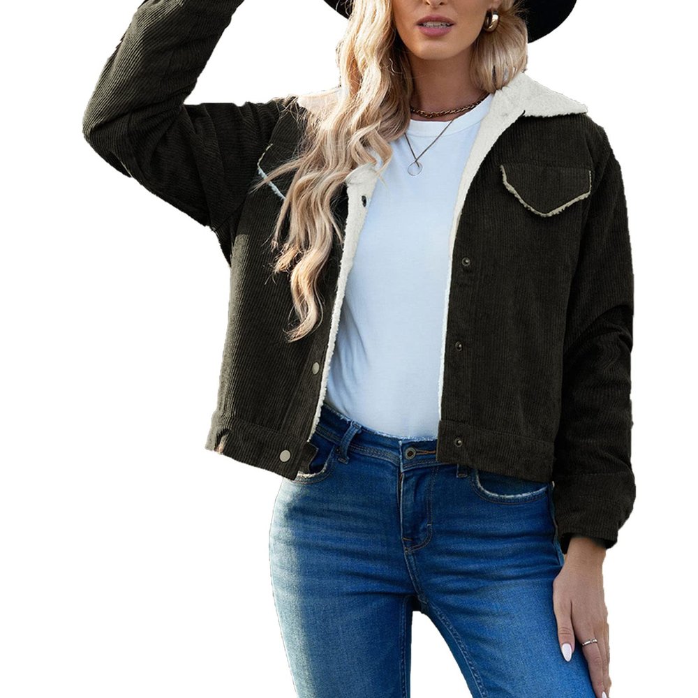 JEsilunmaMY Women's Cardigan Corduroy Jacket Lapel Button Down Sherpa Lined Shirts Coats Warm Winter Loose Shacket Jackets (Green,XX-Large)