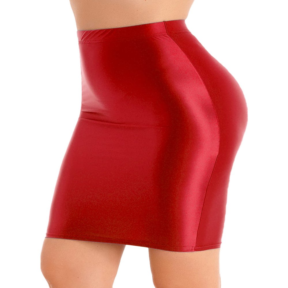 Vxuxlje Womens 70D Glossy High Waist Pencil Skirts Stretchy Bodycon Skirts Mini Short Dress Red Large