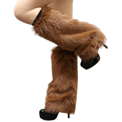 Altsuceser Plush Fuzzy Faux Fur Leg Warmers for Women, Long Boots Shoes Cuff Cover Knee-Length Hipster Warm Sock Brown 30cm