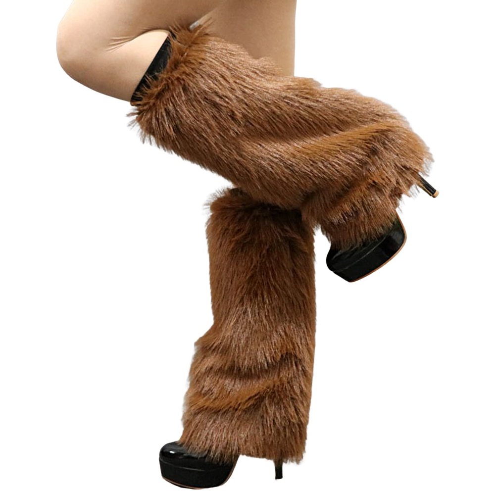 Altsuceser Plush Fuzzy Faux Fur Leg Warmers for Women, Long Boots Shoes Cuff Cover Knee-Length Hipster Warm Sock Brown 30cm