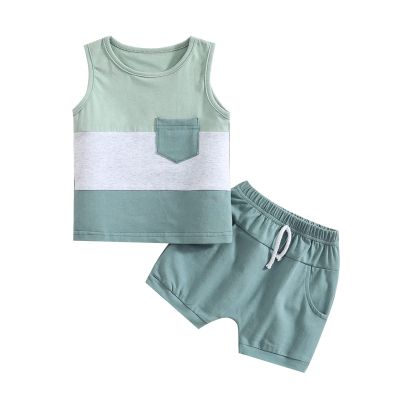 Infant Toddler Baby Boy Summer Clothes Short Sleeve Striped T-Shirt Top Solid Shorts Set 2Pcs Casual Shorts Outfit (Blue-Sleeveless, 18-24 Months)