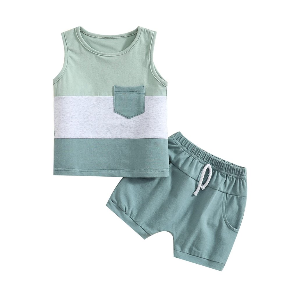 Infant Toddler Baby Boy Summer Clothes Short Sleeve Striped T-Shirt Top Solid Shorts Set 2Pcs Casual Shorts Outfit (Blue-Sleeveless, 18-24 Months)