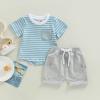 Infant Toddler Baby Boy Summer Clothes Short Sleeve Striped T-Shirt Top Solid Shorts Set 2Pcs Casual Shorts Outfit (Gray, 18-24 Months) view 2