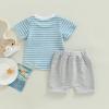 Infant Toddler Baby Boy Summer Clothes Short Sleeve Striped T-Shirt Top Solid Shorts Set 2Pcs Casual Shorts Outfit (Gray, 18-24 Months) view 3