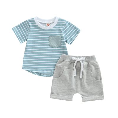 Infant Toddler Baby Boy Summer Clothes Short Sleeve Striped T-Shirt Top Solid Shorts Set 2Pcs Casual Shorts Outfit (Gray, 0-6 Months)