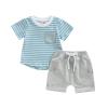 Infant Toddler Baby Boy Summer Clothes Short Sleeve Striped T-Shirt Top Solid Shorts Set 2Pcs Casual Shorts Outfit (Gray, 0-6 Months) view 1
