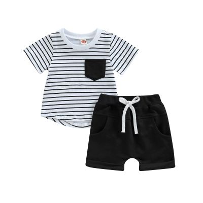 Infant Toddler Baby Boy Summer Clothes Short Sleeve Striped T-Shirt Top Solid Shorts Set 2Pcs Casual Shorts Outfit (Black, 6-12 Months)
