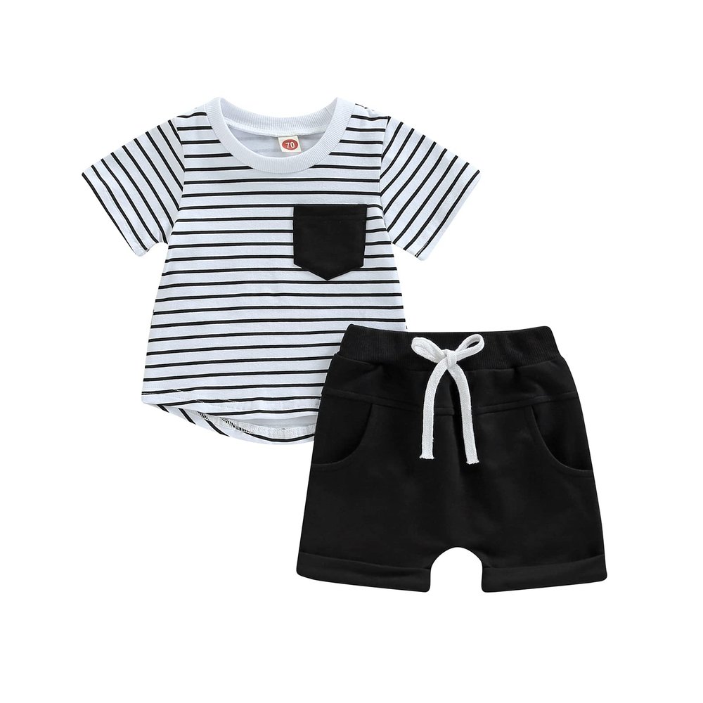 Infant Toddler Baby Boy Summer Clothes Short Sleeve Striped T-Shirt Top Solid Shorts Set 2Pcs Casual Shorts Outfit (Black, 6-12 Months)