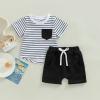Infant Toddler Baby Boy Summer Clothes Short Sleeve Striped T-Shirt Top Solid Shorts Set 2Pcs Casual Shorts Outfit (Black, 18-24 Months) view 2