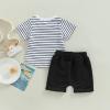 Infant Toddler Baby Boy Summer Clothes Short Sleeve Striped T-Shirt Top Solid Shorts Set 2Pcs Casual Shorts Outfit (Black, 18-24 Months) view 3